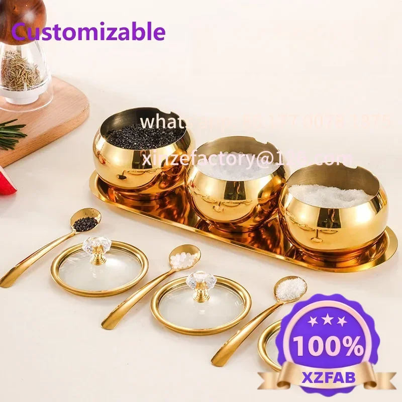 Customizable Serving Sugar Pepper Salt Spice Stainless Steel Sugar Bowl witGold and Silver Household Kitchen Condiment Pots for