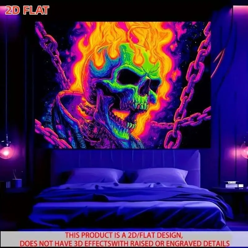VIKAMA Neon Flame Skull Tapestry Chain Psychedelic Polyester Wall Hanging Spooky Aesthetic Bedroom Dorm Living Room Home Decor