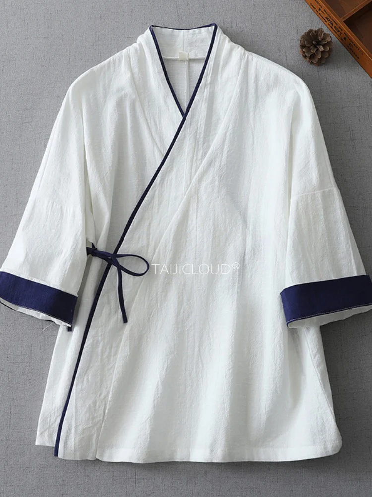 Hanfu Shirt Women's Linen Tangzhuang Style V-Neck Shirt, Zen Meditation Tea Ceremony Blouse with Side Ties
