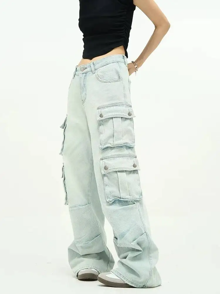 Design Pockets Folds Bleached Ripped Torn Women's Jeans Academia Grunge Goth Aesthetic Pants Trousers for Women Girls Streetwear