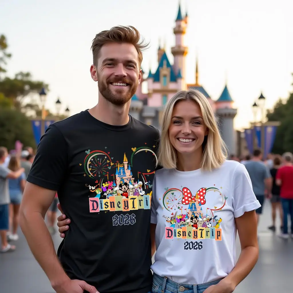

Летняя футболка оверсайз 2026 для поездки в Диснейленд, высококачественная, 100% хлопок, с принтом Микки, Минни, замка и фейерверков, унисекс, повседневная, для пар