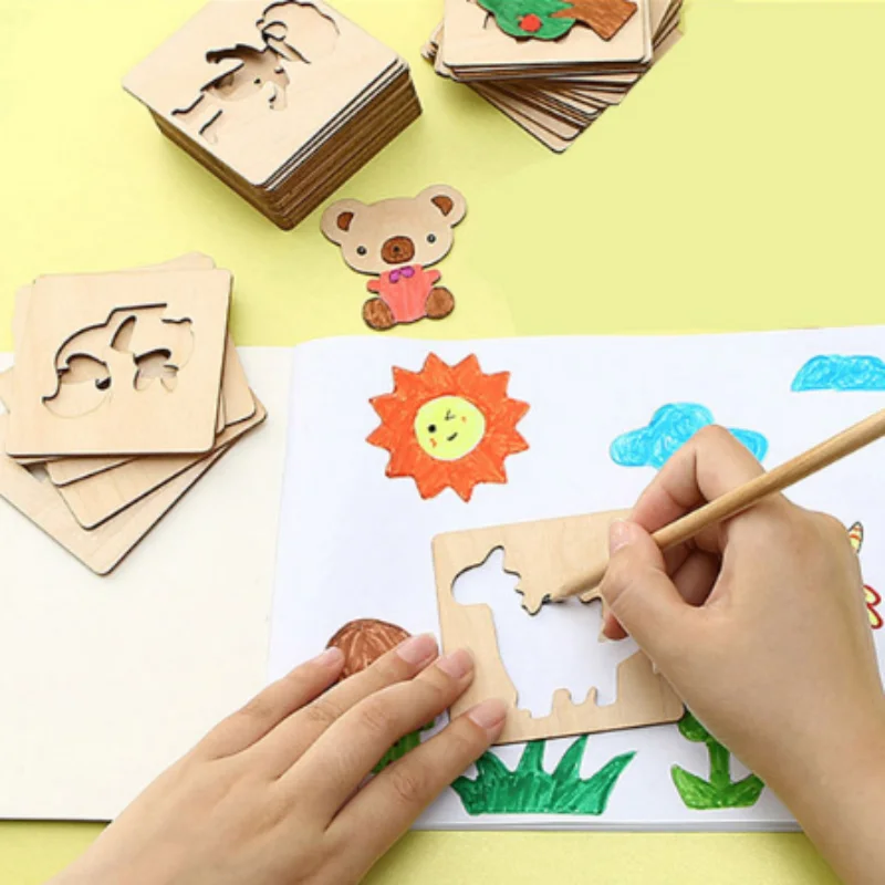 20 szt. Montessori Zabawki do Rysowania dla Dzieci, Drewniane Szablony do Malowania DIY, Kreatywne Ręcznie Robione Edukacyjne Puzzle, Prezenty dla Dzieci — zdjęcie 3