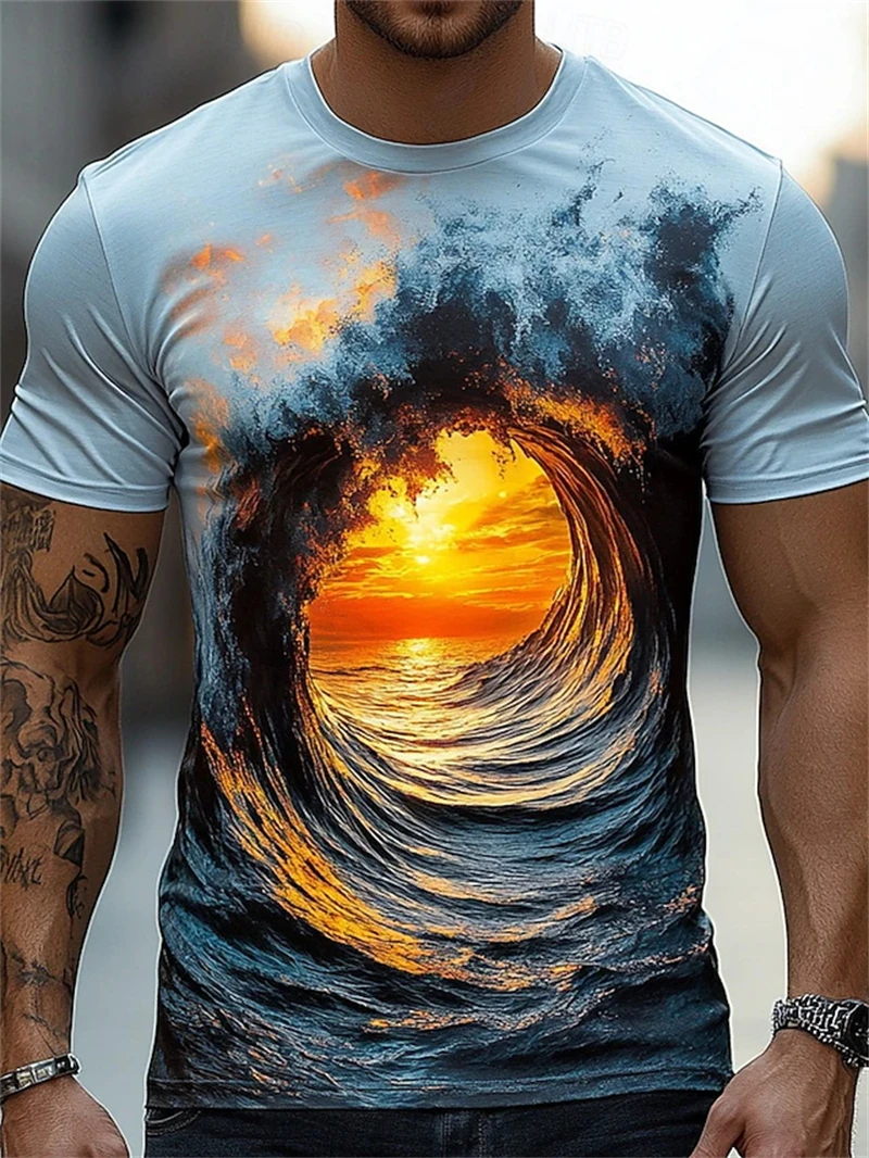 Men Ocean Wave Sunset T‑Shirt 3D Surf‑Tunnel Seascape Sunrise Print Short Sleeve Crew Neck Casual Street Tops