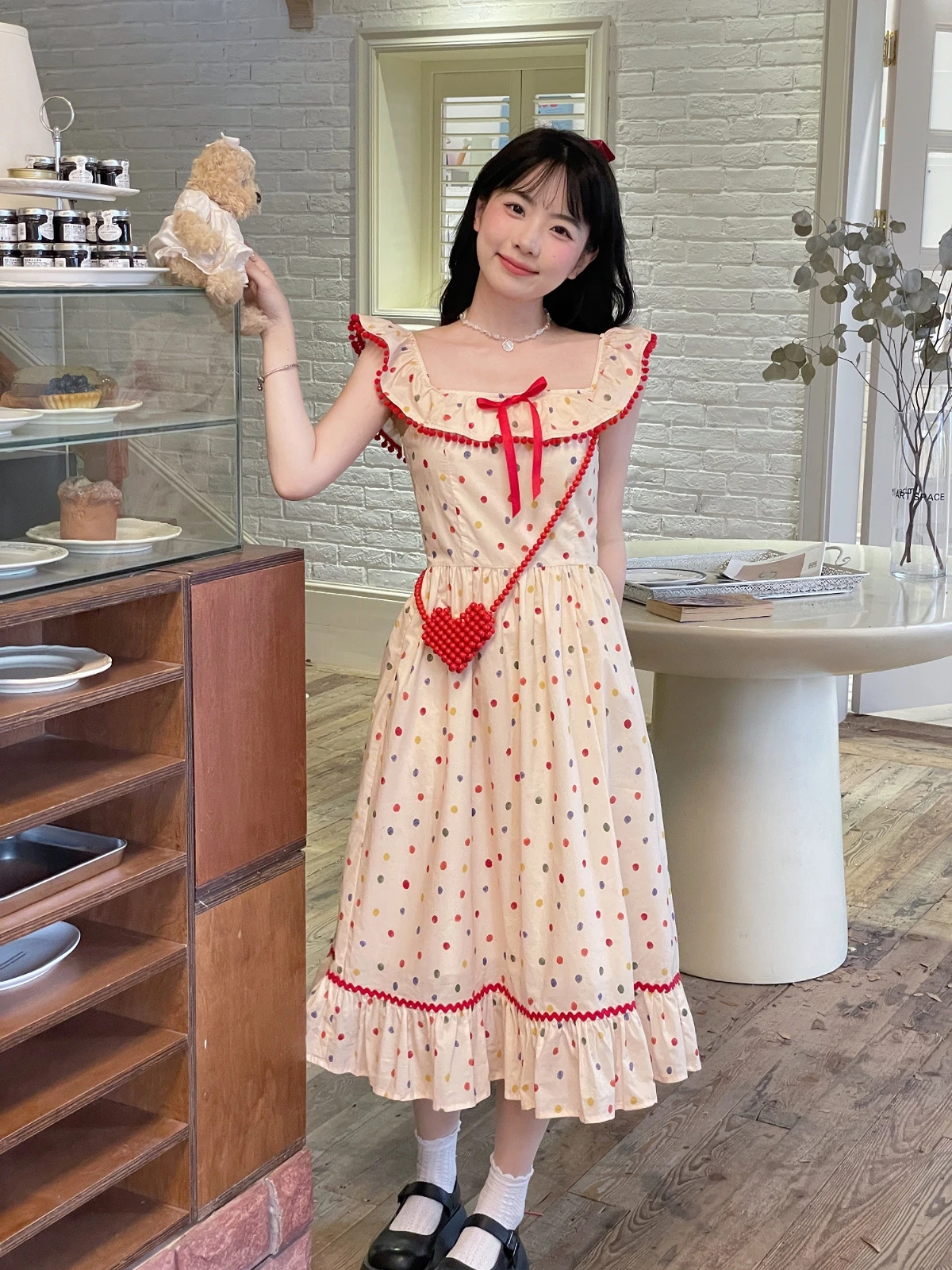 Sweet Retro Flying Sleeve Polka Dot Printed Waist-Controlled Slimming Dress Long and Small Female Amoi