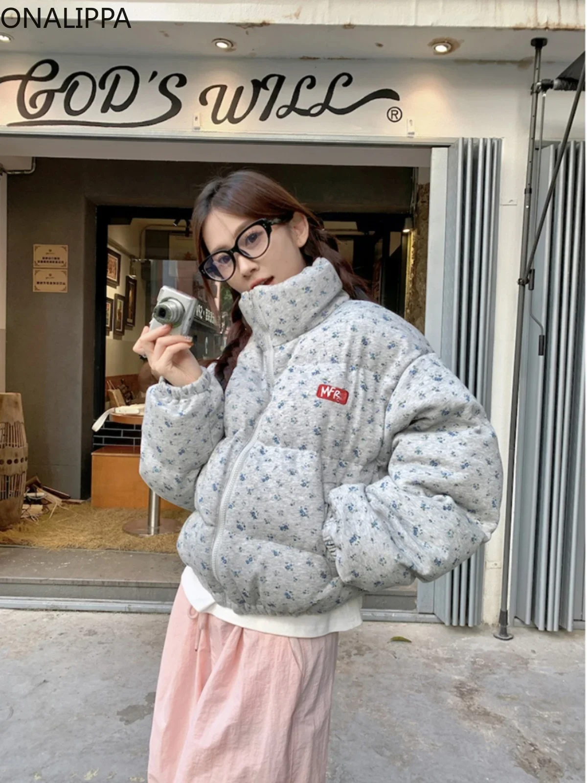 Onalippa Thick Floral Winter Clothes Women Stand Collar Zip Up All Match Quilted Coat Korean Fashion Contrast Loose Jackets