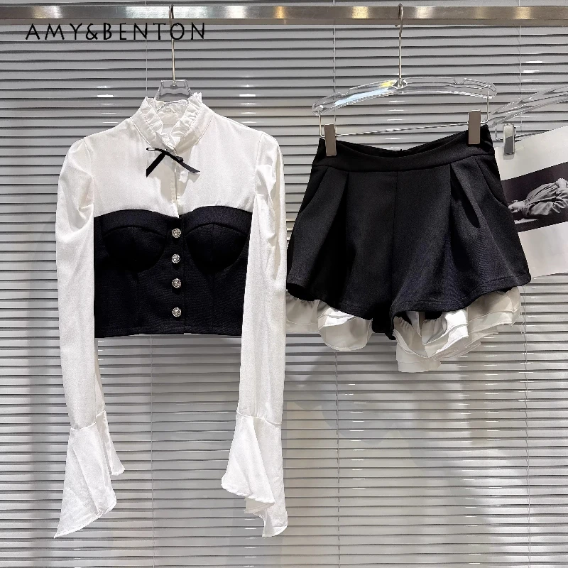 

2026 Spring New Elegant Bow Color-Block Women's Shirts T-Shirts College Style Loose Lace Wide-Leg Shorts Two-Piece Sets Ladies