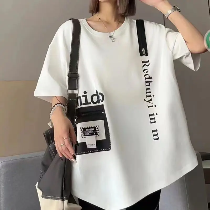 Summer Korean Version of The Short-sleeved Zipper Pocket Decorated T-shirt Round Neck Sports Loose Men and Women T-shirt Y2k Top