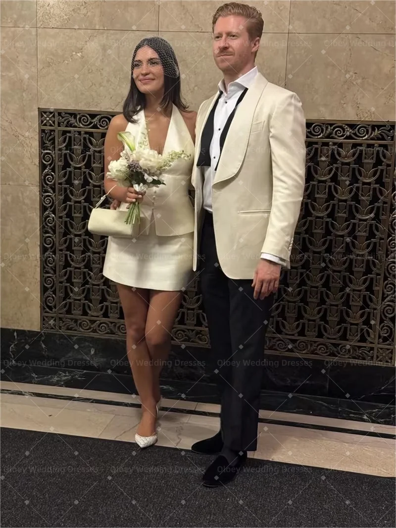 OLOEY Customized Beige V-Neck Halter Neck Wedding Dress Single Breasted Two-Piece Set Vestidos De Novia Short Evening Dresses