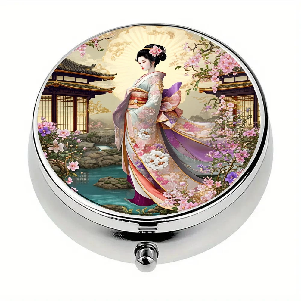 A Two-Dimensional Flat Pill Box with a Beautiful Japanese Geisha and Cherry Blossom Design, Featuring Three Compartments, Suitable for Safely Carrying Medication during Travel and Outdoor Activities