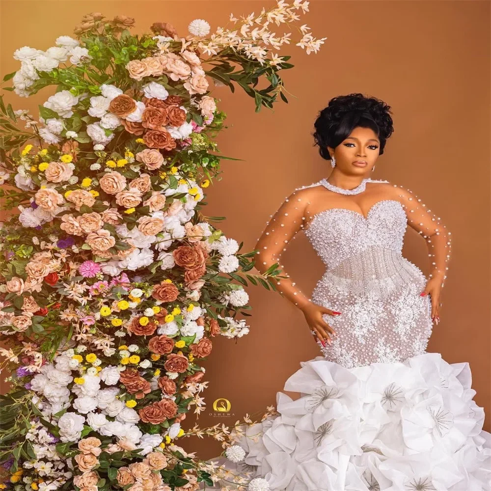 Robe De mariée sirène personnalisée, col rond, perles scintillantes, manches longues, fleurs faites à la main