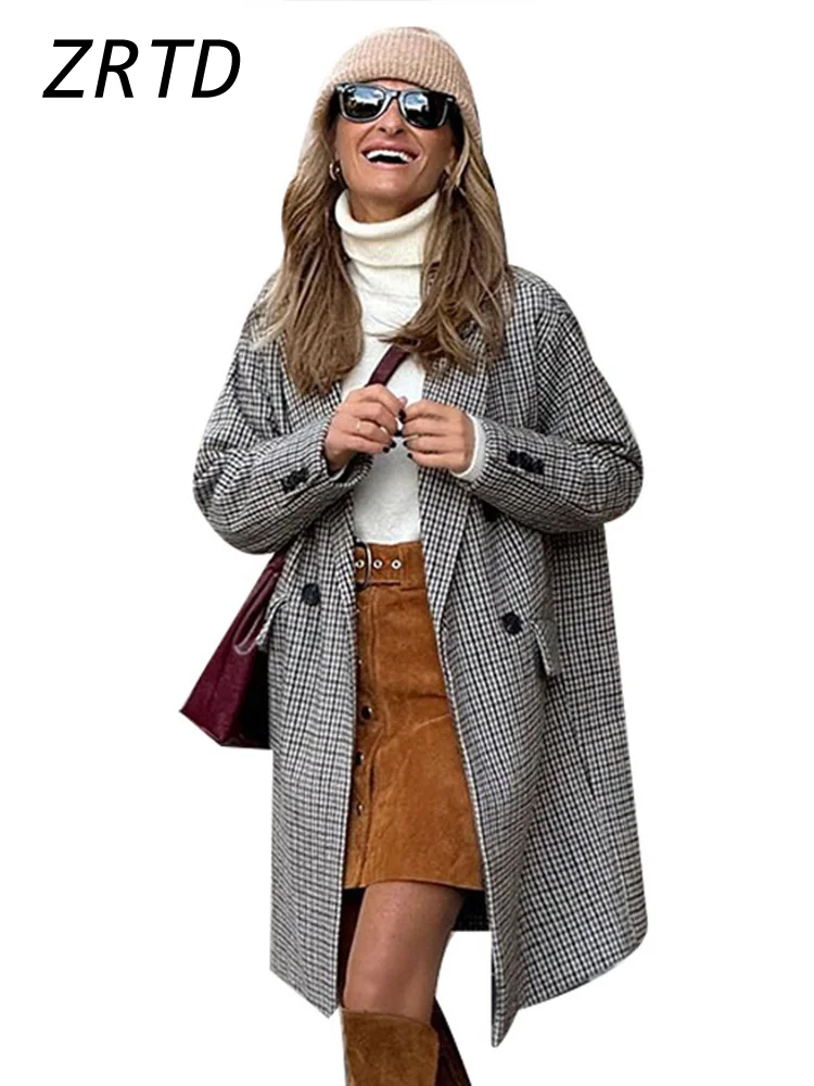 Casual Plaid Print Long Coat Women Loose Lapel Long Sleeve Double Breasted Pocket Female Jacket 2024 Autumn Lady Chic Overcoat