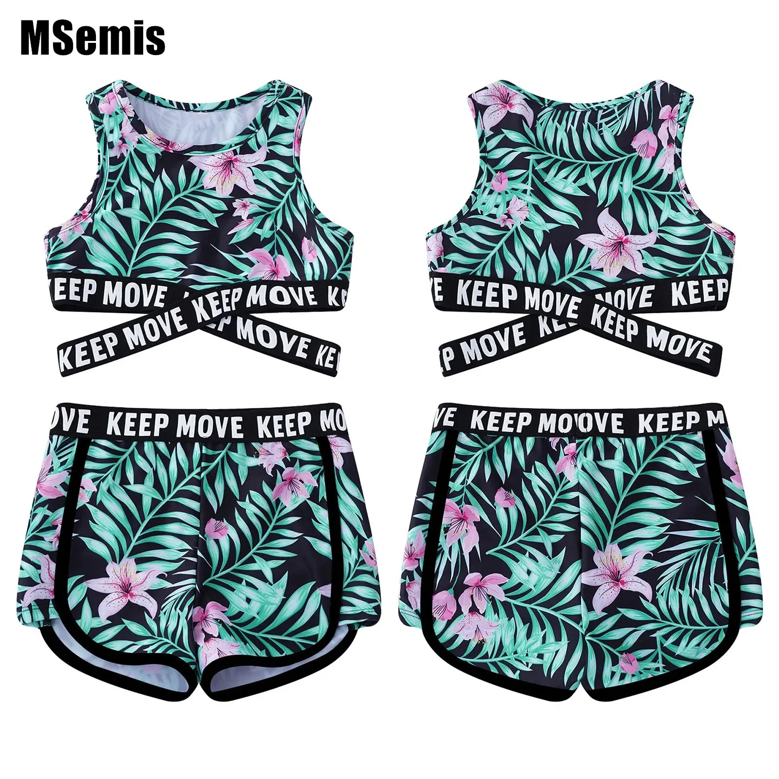 

Kids Girls Cross Sash Swim Suit Round Neck Sleeveless Crop Tops And Shorts Set Beach Pool Swimming Bathing Rashguard Suit