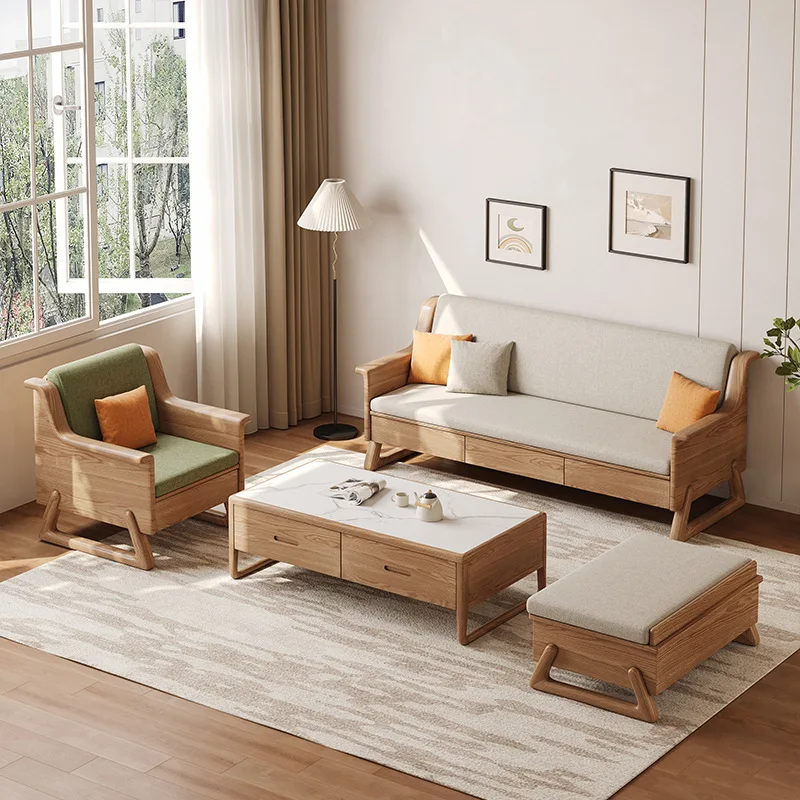 &Winter Summer L-shaped Set Sofa Modern Simple New Chinese Style Small Apartment Living Room Storage Sponge Full Solid Wood