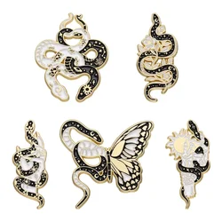 Punk Snake Butterfly Brooch Enamel Pin Black White Animal Punk Goth Halloween Accessories Wholesale Lapel Backpack Hat Kids Gift