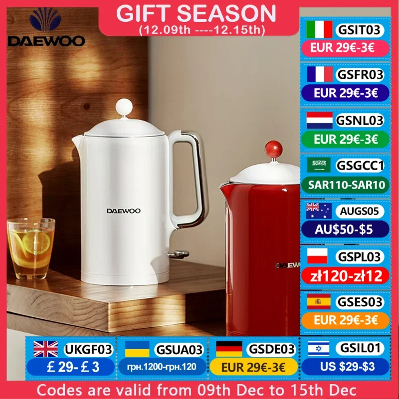 DAEWOO Retro Electric Kettle 1.5L 304 Stainless Steel Water Boiler 1000W Automatic Power Off For Home Kitchen Office