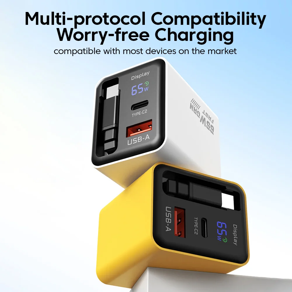 65 واط سوبر تهمة نوع C USB شاشة ديجيتال شاحن الهاتف مع قابل للسحب USB C كابل آيفون 17 16 15 سامسونج POCO Xiaomi