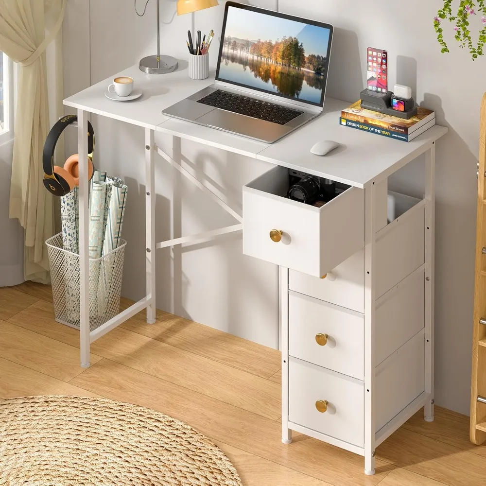 Computer Desk with 4 Fabric Drawers, 35.4 Inch Small Home Office Writing Desk, Simple Table PC Desk for Small Places, Kids Girls