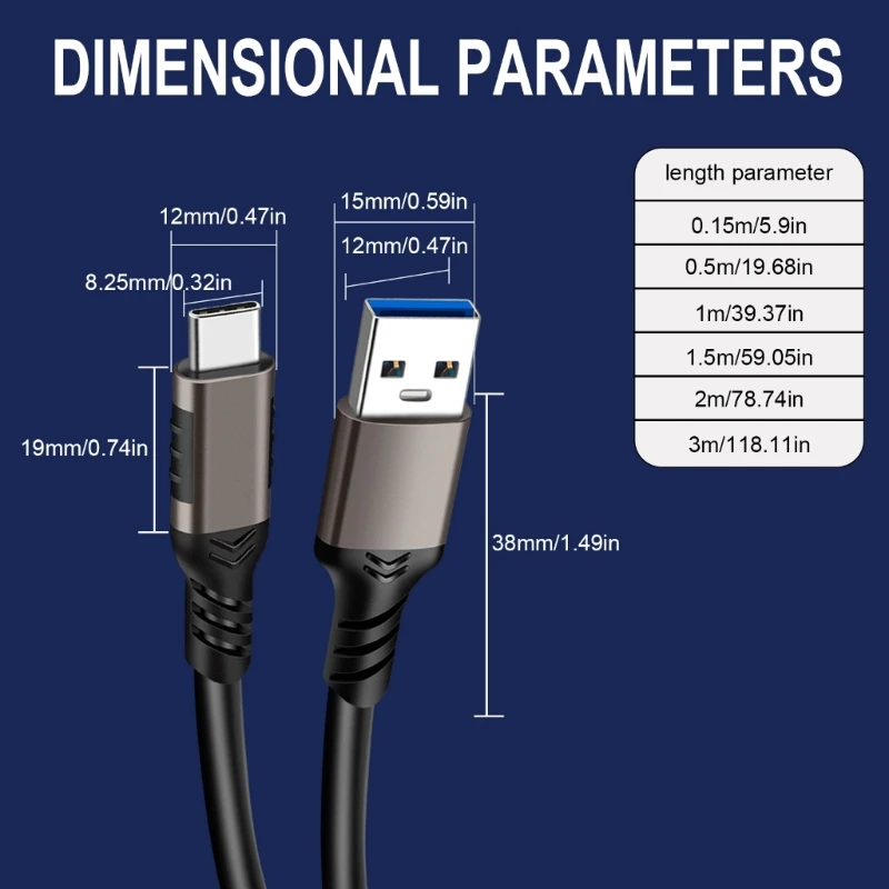 USB3.2 Cable USB Type A to USB C 3.2 Cable 10Gbps Data Transfer 3A 60W Fast Charging Cable USB C SSD Hard Disk Cable