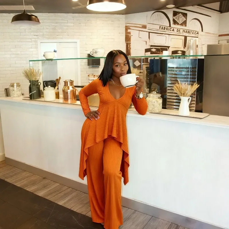 

GUWU женские модные повседневные комплекты с длинным рукавом и v-образным вырезом, вязаный топ нестандартной формы и длинные брюки, уличный комплект из двух предметов