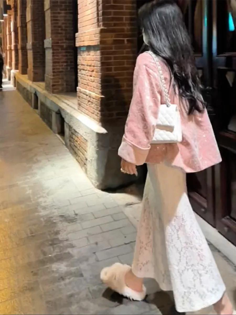 

Белая кружевная юбка-русалка Ele: стройнящая, элегантная, универсальная, модная осенняя модель 2024 года, длиной макси, для женщин больших размеров