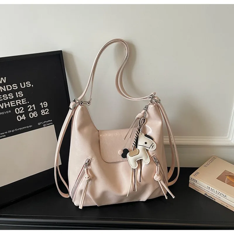 

2026 New Soft Tote Bag for Women with Cute Horse Pendant Multi-way Shoulder Crossbody Bag Large CapacityCommute Student Backpack