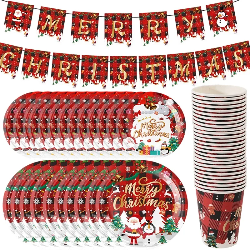 Weihnachtsfeier-Geschirrset, rot, schwarz, kariert, Einweg-Pappteller, Tassen, Servietten, Banner für Feiertage, Neujahr, Familientreffen