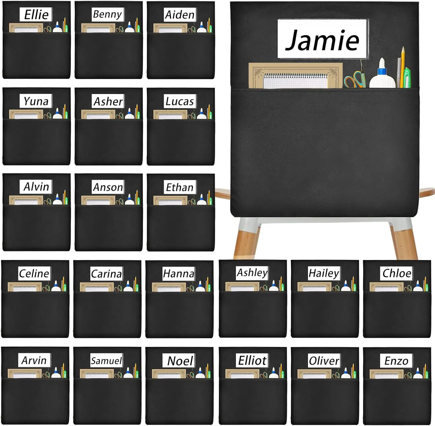 

24 кармана для стульев в классную комнату, сумки-органайзеры для сидений с именными бирками, черные органайзеры для хранения