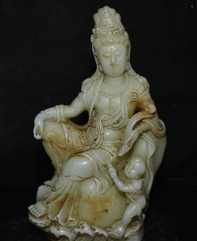 10.4” Old Chinese White Jade Carving Kwan-yin Guan Yin Goddess Tongzi Statue