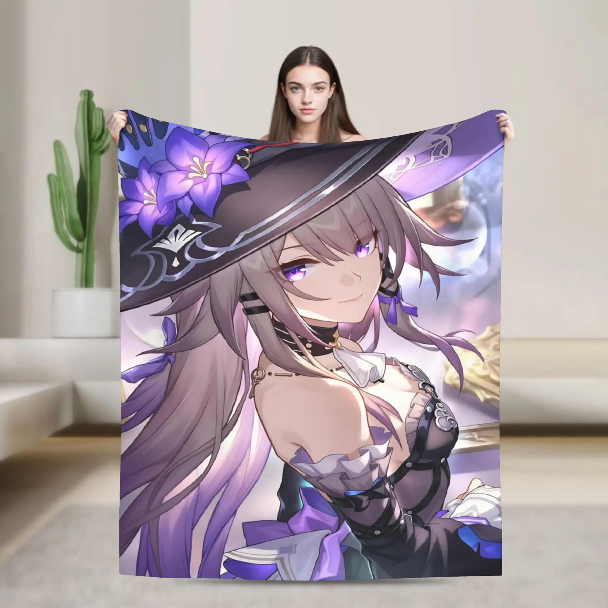 

Herta Knitted Blankets Flannel Honkai Anime Lightweight Thin Throw Blanket for Bedroom Sofa Bedroom Quilt