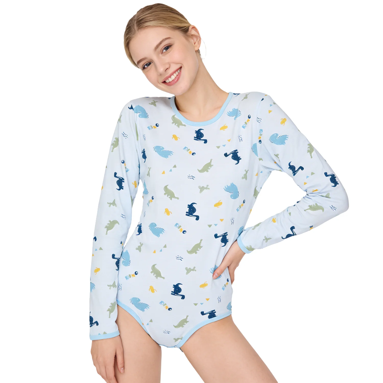 Adult Blue Dinosaur Pattern Cotton Bodysuit ABDL Long Sleeve Romper Soft Comfortable DDLG With Snaps Diaper Onesie Pajamas