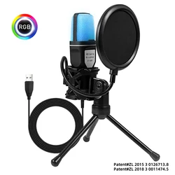 Micrófono USB RGB para grabación de Podcast, micrófono Condensador para juegos, soporte a prueba de golpes, transmisión, Tiktok, portátil y de escritorio