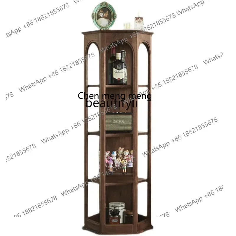 

xzHexagonal Cabinet Black Walnut Color Solid Wood Display Cabinet Nordic Living Room Storage Corner Corner Corner Side Cabinet