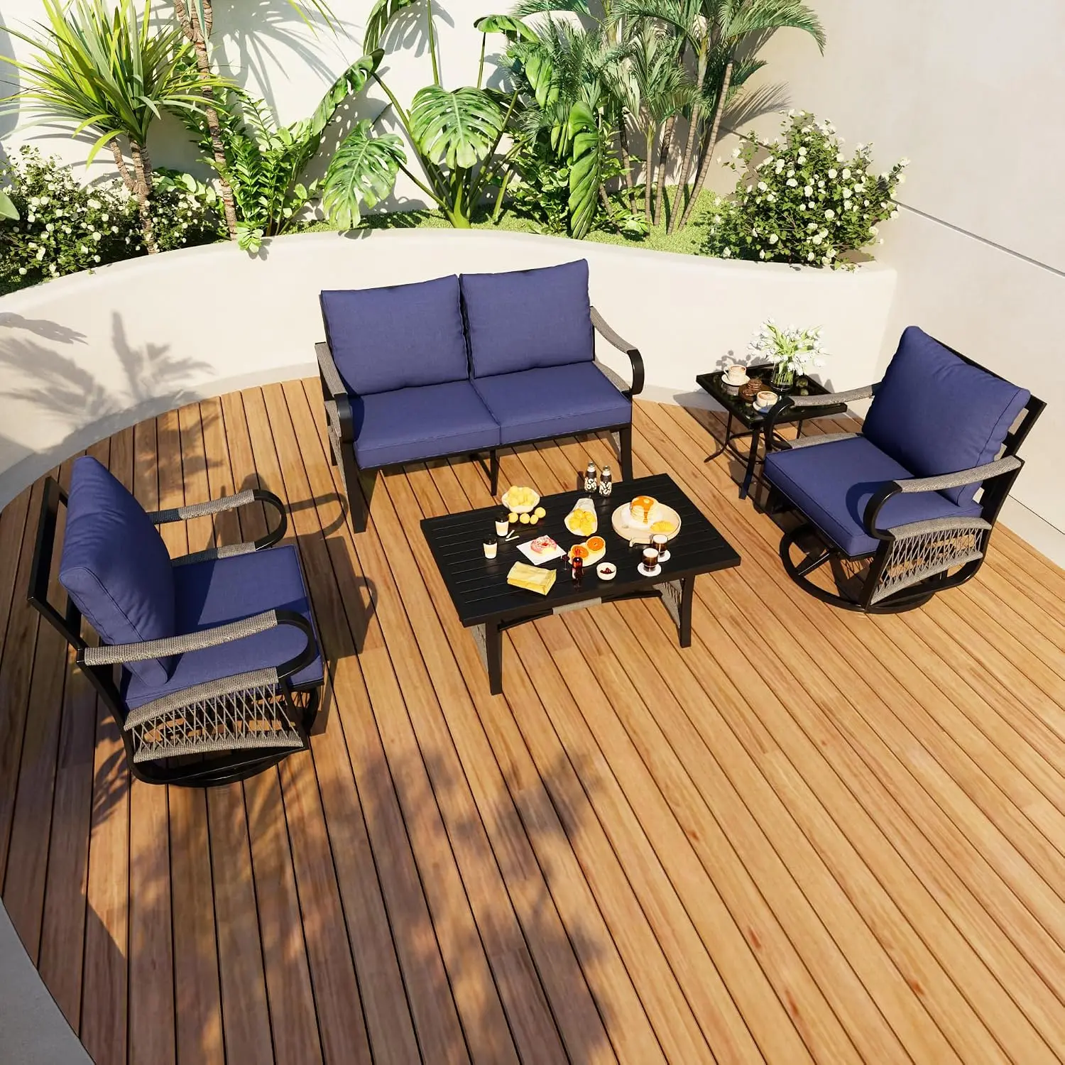 5-Piece Metal Patio Sofa Set With Blue Cushions For Outdoor Garden Balcony, Customized