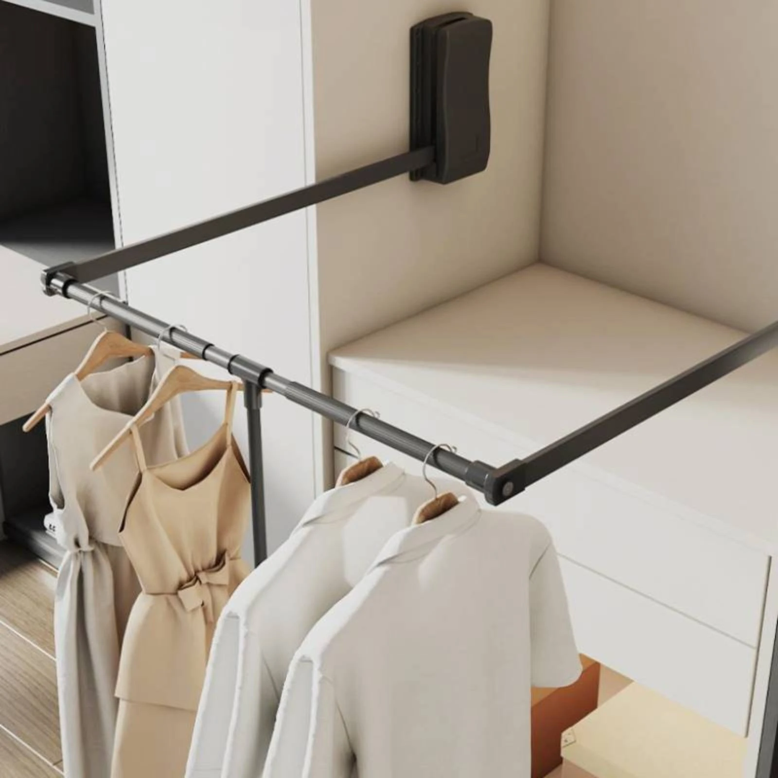 Lift-down Wardrobe Rod Aluminum Alloy Pull-out Hanging Rod Closet Lift Rail Black Finish Damping