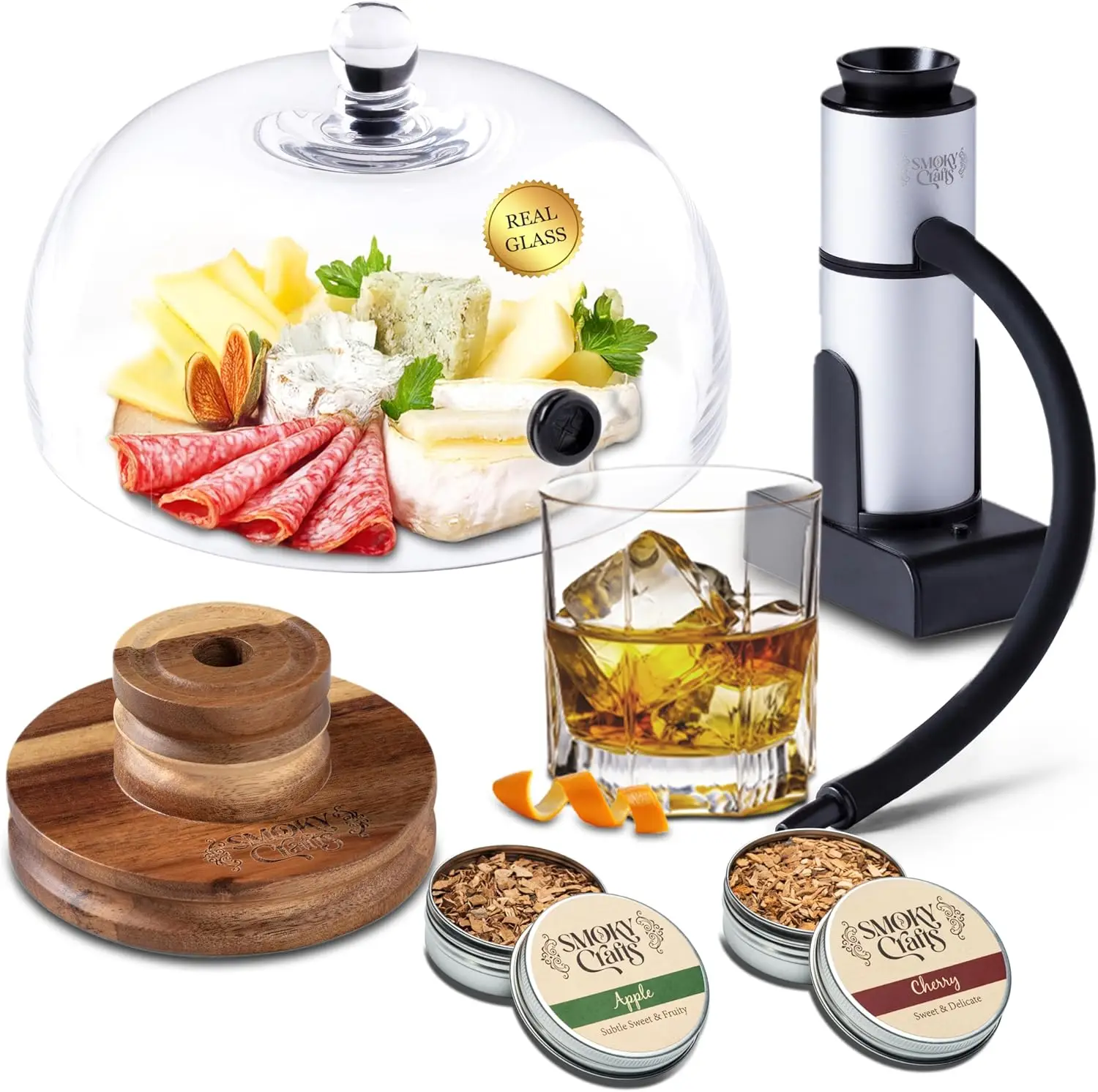 

Food and Drink Smoker Kit with Smoke Gun, 8" Smoking Cloche Glass Dome, Acacia Cocktail Smoke Top and Wood Chips (Apple & Cherry