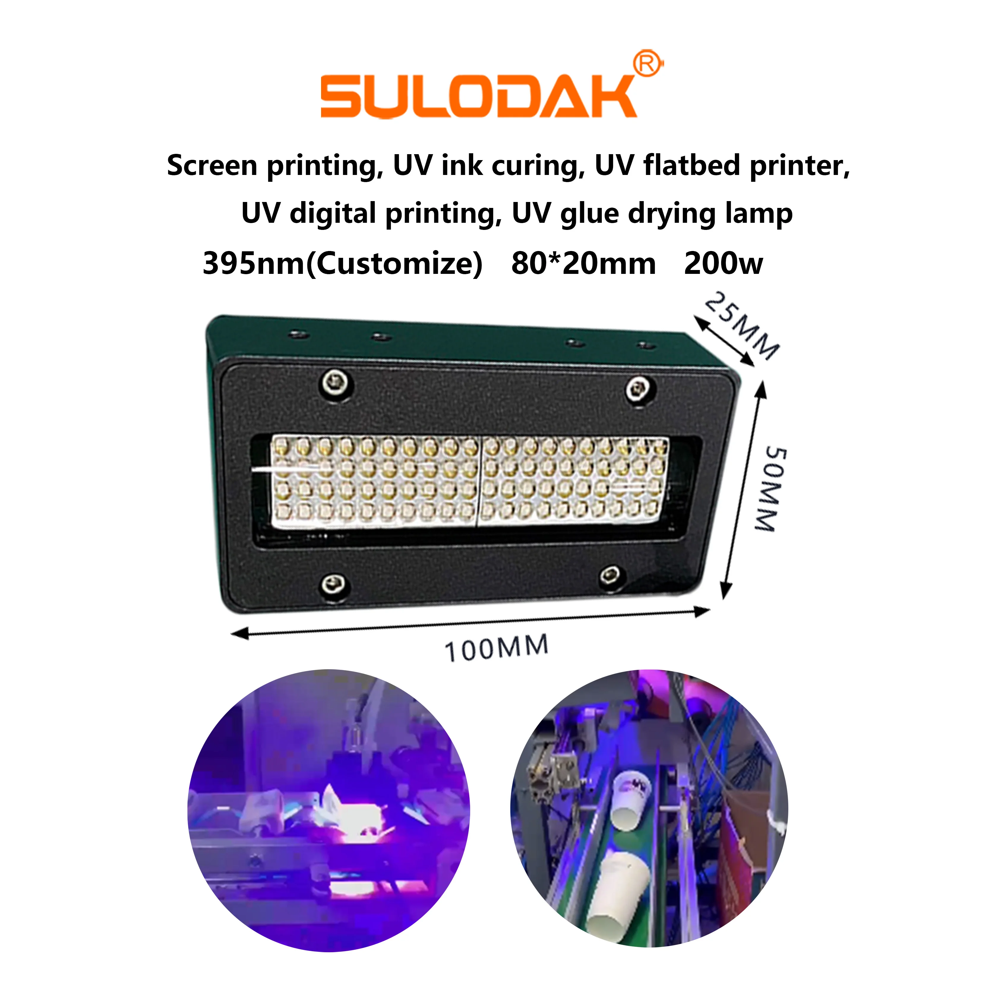 

80*20mm 200W Led Light For Ricoh G5 G6 Inkjet Curing Flatbed Printer Digital Printing Glue Curing Lamp Green Oil