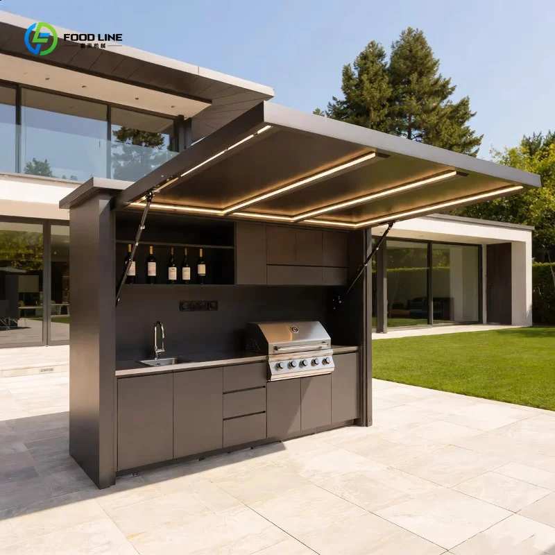 Customized integrated sink outdoor BBQ grill cabinet set luxury 304 stainless steel modular kitchen for garden terrace dining