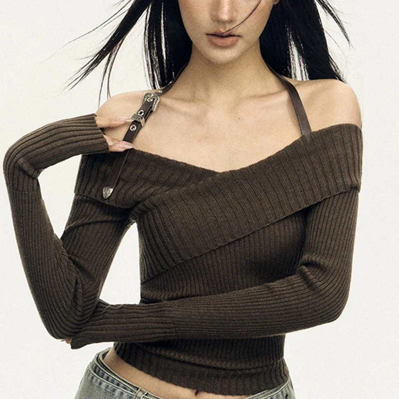 سترة نسائية مكشوفة الأكتاف من MEXZT Y2K بلوفرات محبوكة مثيرة مقصوصة هاراجوكو عتيقة برقبة مائلة ملابس تريكو شتوية #5