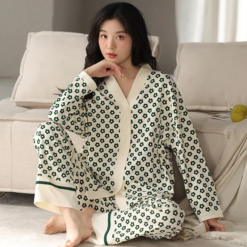 2Pcs/Set Cotton Women's Kimono Nightwear For Autumn V Neck Cardigan Long Sleeves Pant Sleepwear Female Young Girl 2XL Pyjamas