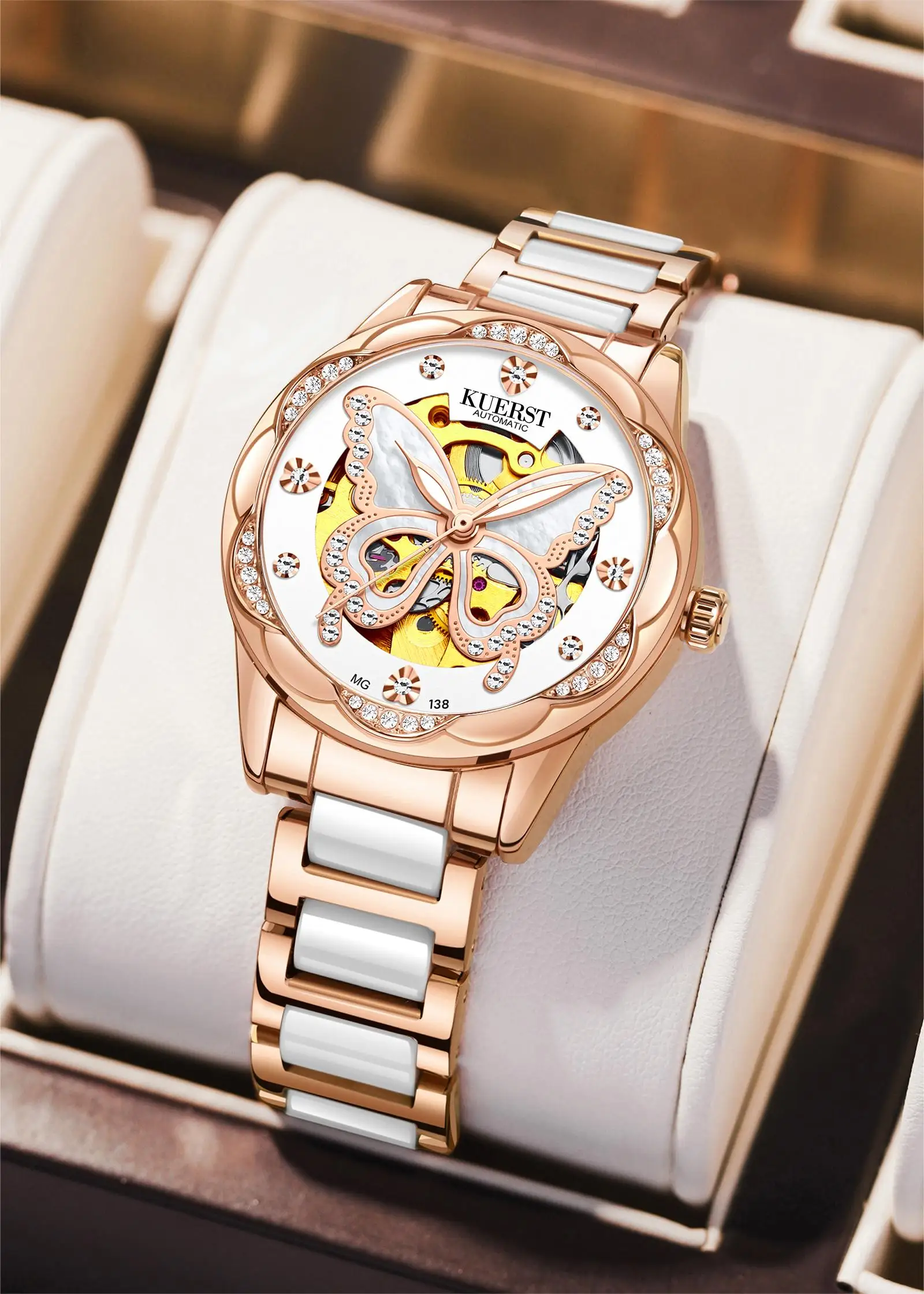 KUERST Lady\'s Ceramic Double Press Butterfly Buckle Mechanical Watch Waterproof Luminous Hollowed out Roman Star Watch