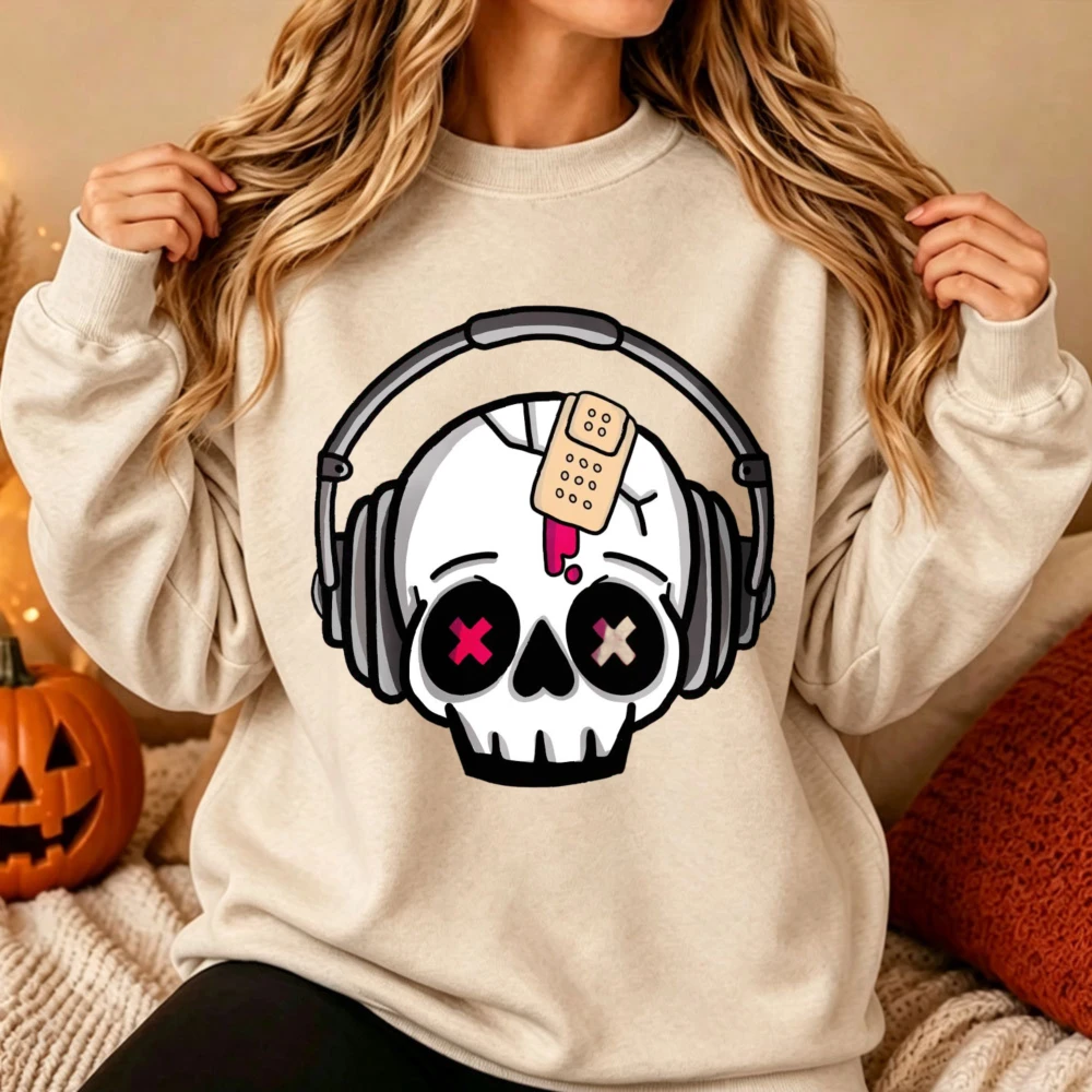 Cute Cartoon Skull with Headphones Bandage Graphic Crewneck Sweatshirt Streetwear Gothic Print Long Sleeve Soft Casual Pullover