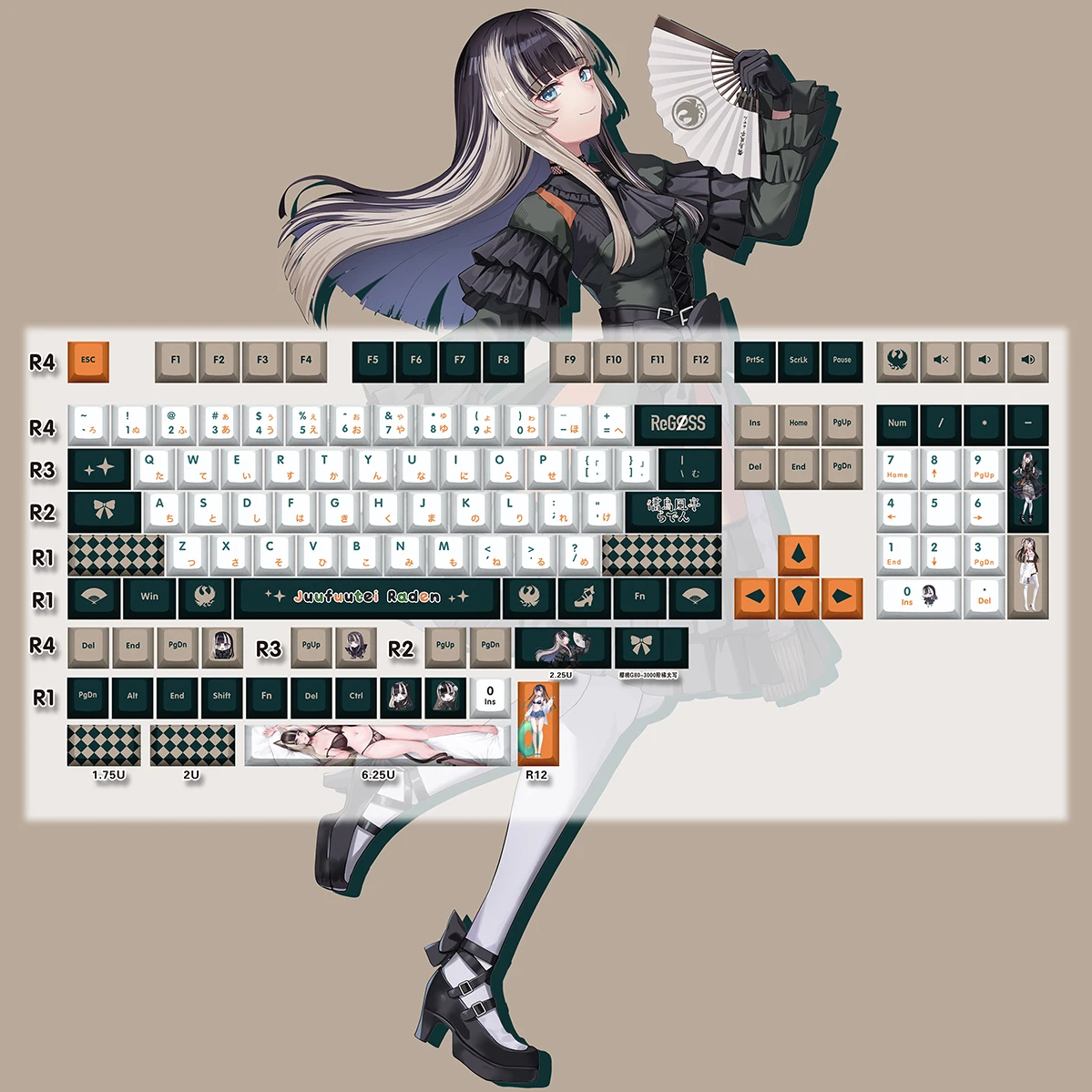 Juufuutei Raden 132 Key Cap Vtuber Hololive Key Cover PBT DYE Sublimation Cherry MX Cross Axis Switch Keycap Mechanical Keyboard