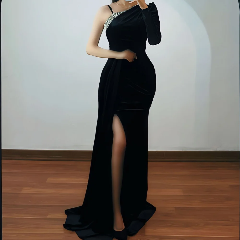 

Customized Jersey Straight One Shoulder Crystal Evening Dress Zipper Back Floor Length Side Slit Long Sleeves Panel Train