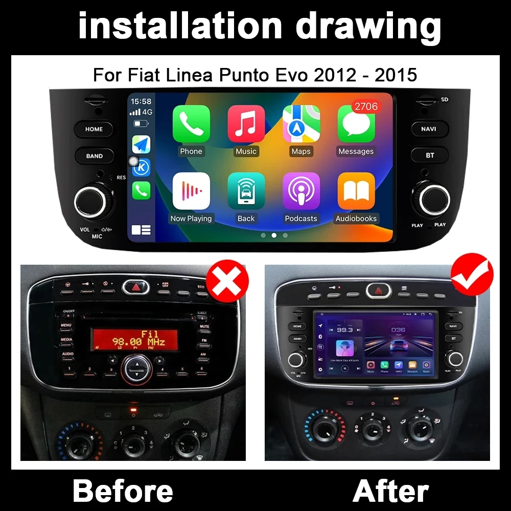 7-Zoll-Autoradio mit Carplay für Fiat Linea Punto Evo 2012 - 2015, 4G, Android OS, Navigation, GPS, Multimedia-Videoplayer, BT 5.0 – Detail 1