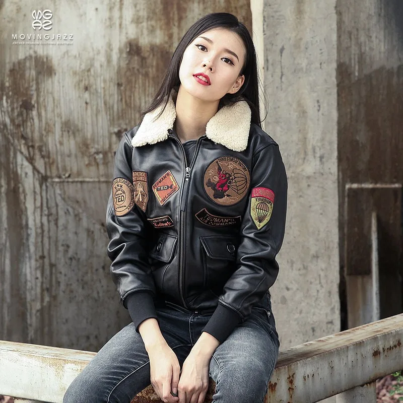 2024 New Women Air Force G1 Pilot Leather Jacket Fashion Embroidered Paratrooper Sheepskin Wool Fur Collar Winter Coats