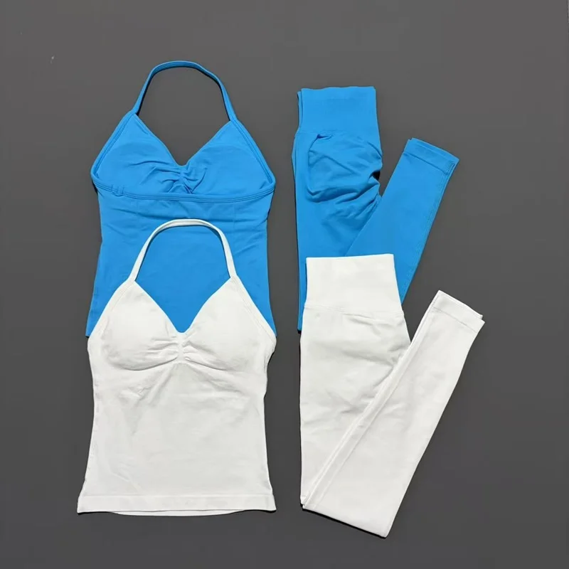 2 قطعة مجموعة رياضية النساء الخطوط الطويلة Strappy ملابس اللياقة البدنية سلس اليوغا مجموعة تجريب Scrunch الصالة الرياضية طماق تشغيل الرياضة مجموعة