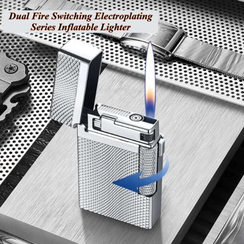 

Модная металлическая ветрозащитная зажигалка, бутановая газовая зажигалка, двойное пламя, элегантная зажигалка с открытым пламенем, синее пламя, изысканный мужской подарок