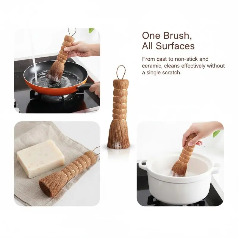 Long Handle Coconut Pot Brush Natural Non-stick Pan Wok Cleaning Brush Hanging Dish Washing Kitchen Tool