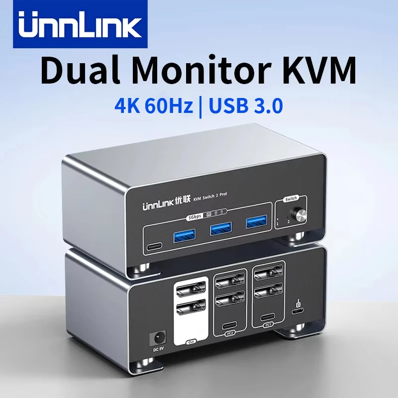 Unnlink 4K 60Hz Dual Monitor KVM Switch 2 Monitor 2 Computer, DP+DP, DP+HDMI, HDMI+HDMI USB 3.0 for Win/Mac Share Mouse Keyboard