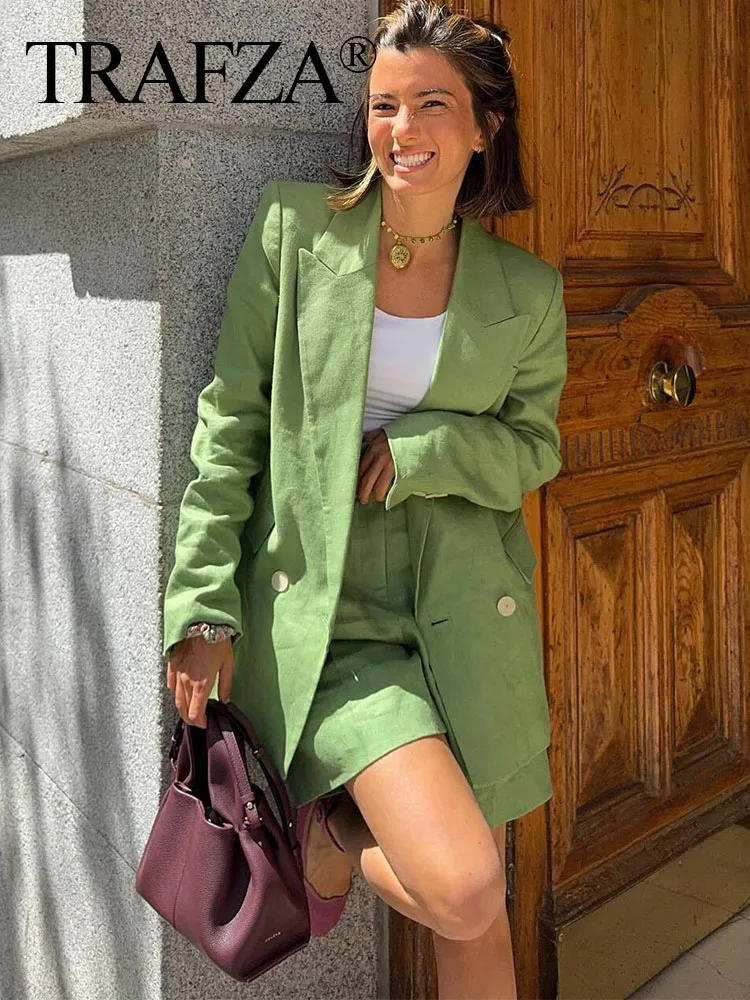 TRAFZA 2024 New Fashion Women\'s Green 2 Piece Set Long Sleeves Lapel Blazer Coat + Belt Zipper Pockets Wild Woman Mini Shorts